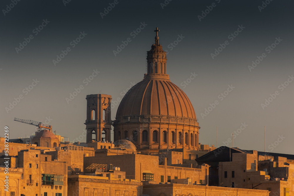 Dome of Valletta Basilica of Our Lady of Mount Carmel at sunset,  Malta
