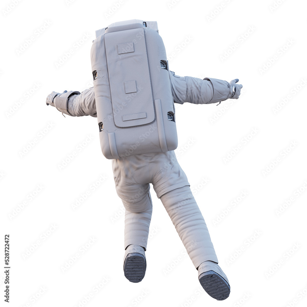 astronaut flying in outer space from behind, isolated