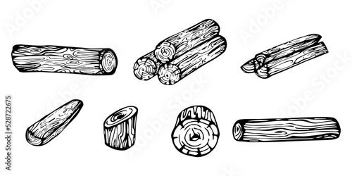 Wooden logs, trunk and boards, vector sketch illustration. Wooden handmade materials. Firewood.
