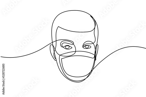 Single line drawing of young man wearing mask. Hygienic mask to prevent infection, airborne respiratory illness such as flu, corona virus. Protection against contagious disease. Vector illustration
