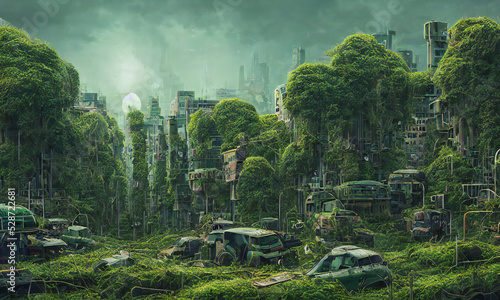 Stampa su tela post-apocalyptic city, dystopic overgrown buildings, digital painting