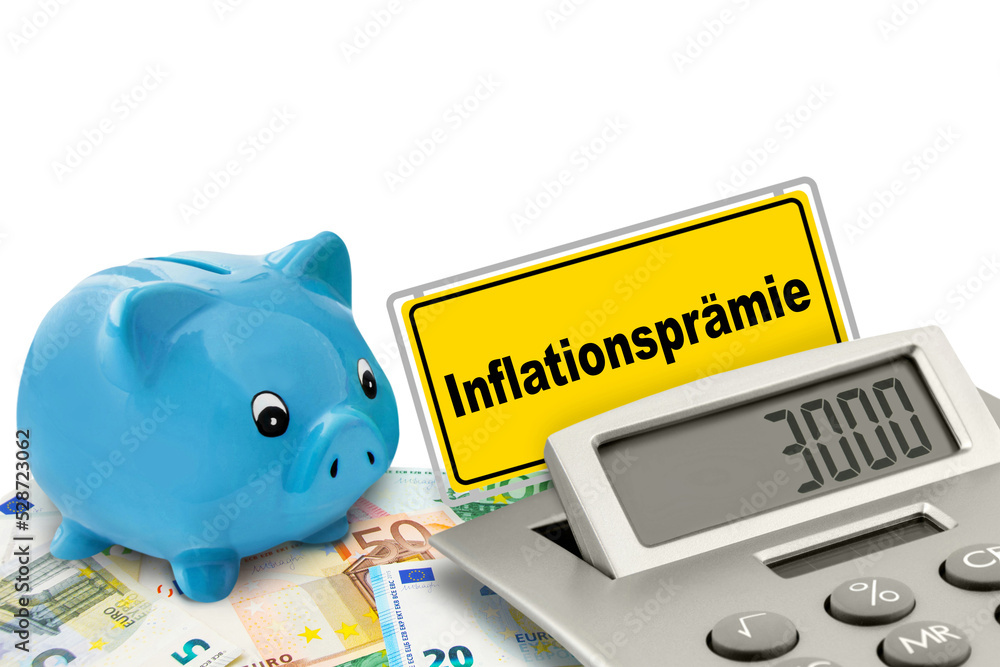 Inflationsprämie 3000 Euro und blaues Sparschwein mit Rechner - obrazy, fototapety, plakaty 