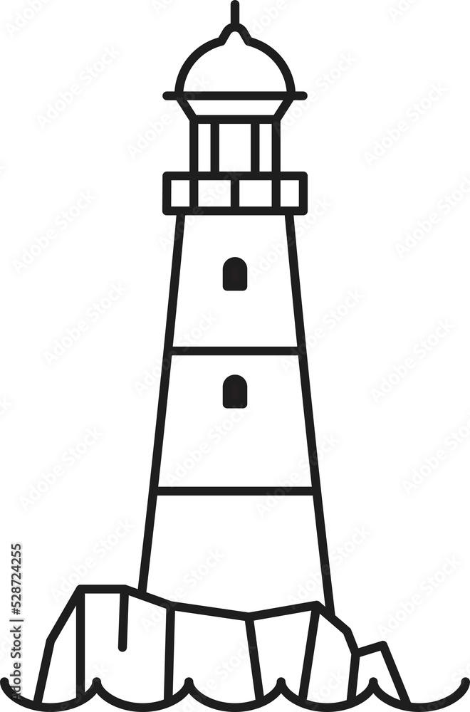 Lighthouse nautical tower building on rock outline