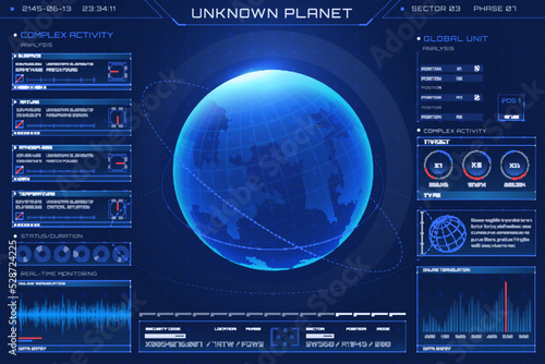 HUD futuristic alien planet world map hologram. Exploration of an unknown planet. Interactive screen with digital interface