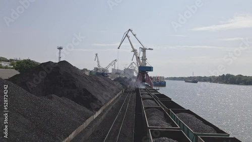 Cinematic view of coal transportation. Power and energy concept. photo