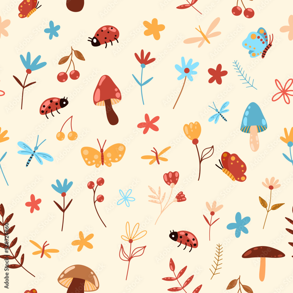 Different nature elements pattern with mushrooms, berries, ladybugs, flowers, butterflies, leaves and stems Different nature elements pattern with mushrooms, berries, ladybugs, flowers, butterflies, leaves and stems