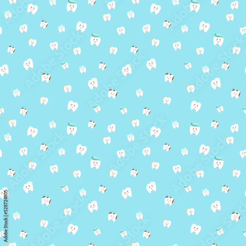 Tooth character seamless pattern on blue background