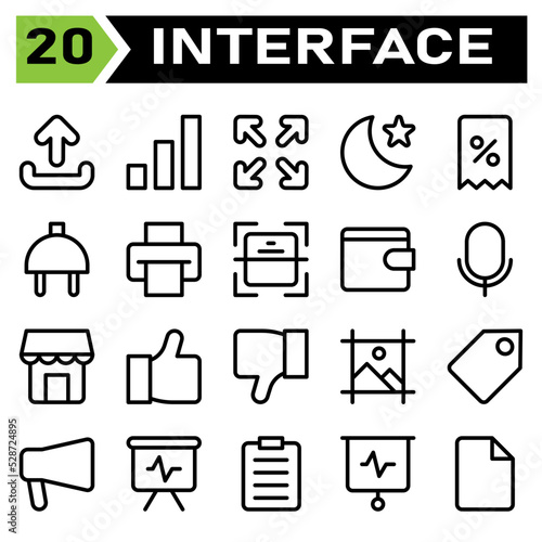 User interface icon set include upload, sign, element, user interface, application, signal, barr, full screen, user interaction, arrows, night, mode, moon, star, app, discount, voucher, e commerce