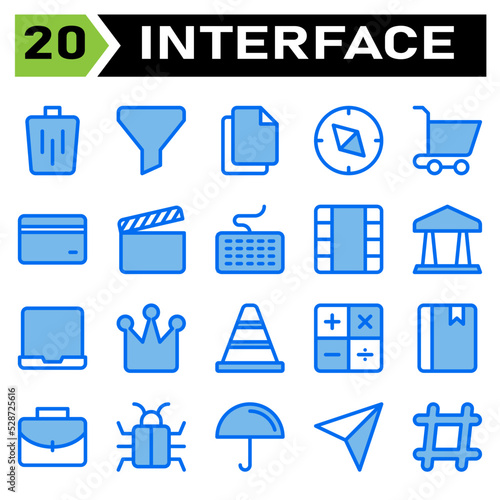 User interface icon set include bin, trash, basket, delete, remove, funnel, sort, filter, user interface, file, duplicate, paste, paper, copy, compass, direction, navigate, navigation, trolley, buy