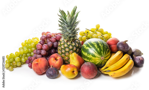 Pineapple  watermelon  grapes  peaches  pears  figs  tangerines  bananas on a white background. Isolate