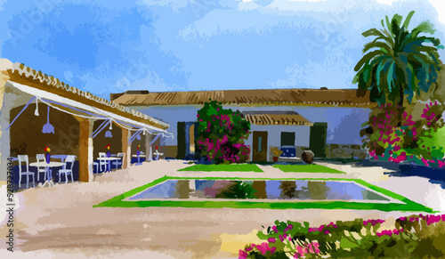 Color drawing of the restaurant exterior. Watercolor sketch, vector illustration