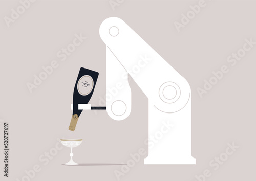 A robotic barista arm pouring champagne in a vintage glass, new technologies and modern lifestyle