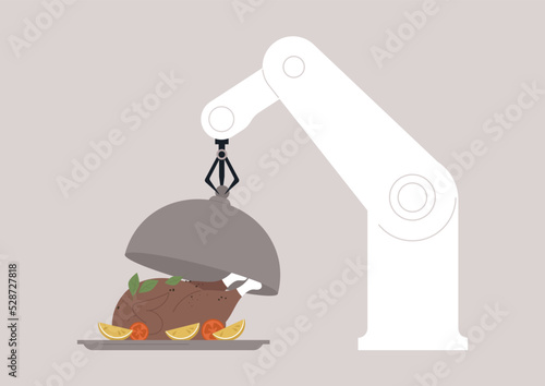 A robotic arm serving a Thanksgiving turkey, a cyborg hand lifting a cloche lid, celebratory events and new technologies
