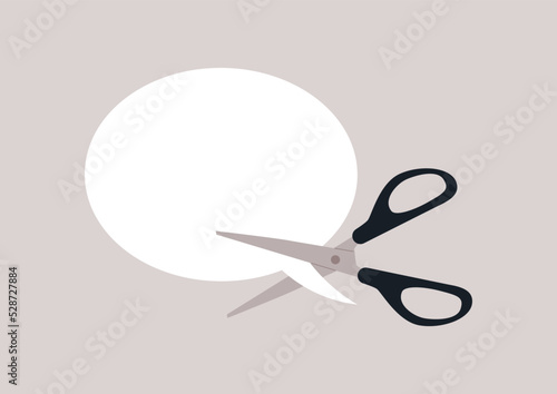 Scissors cutting a comic bubble, free speech suppression, censorship and journalistic ethics