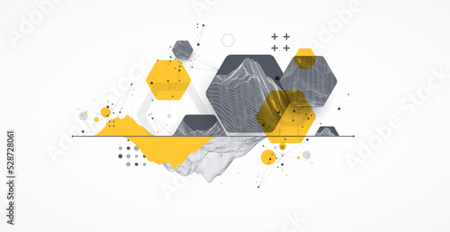 Modern science technology abstract background using hexagonal shapes. Wireframe spot surface illustration. Vector.
