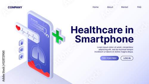 Healthcare in Smartphone. Web Banner. Landing Page Template. . Vector illustration