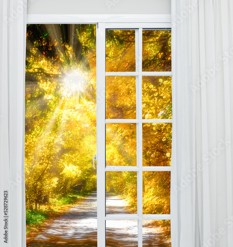 glass door autumn landscape