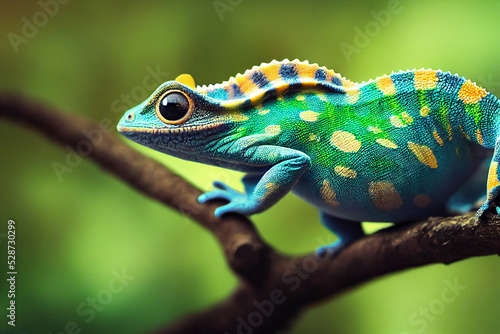 Closeup of Chameleon on tree branch in the forest.3d illustration