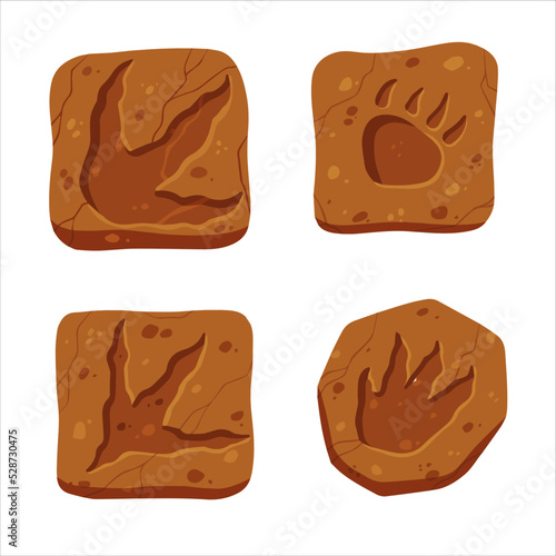 Footprints of a fossil dinosaur. Set of Dino reptile foot trail. Paw in brown clay or stone.