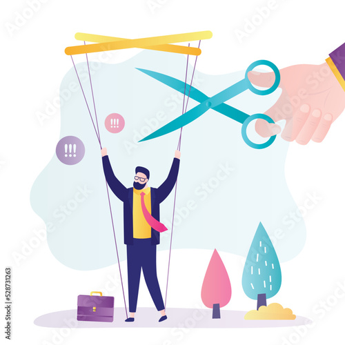 Person helps office worker to free from bondage. Hand with scissors cuts strings of puppet