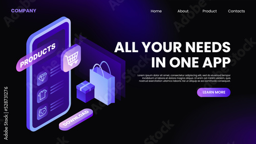 All Needs in one App. Online Shopping Website. Landing Page Template. Vector illustration