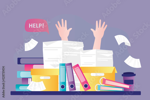 Worker swamped with lot of paperwork asks for help. Employee's desk littered with stacks of documents