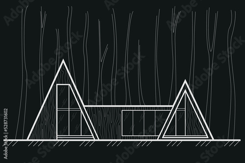 Linear architectural front sketch residental building - scandinavian style forest cottage on black background