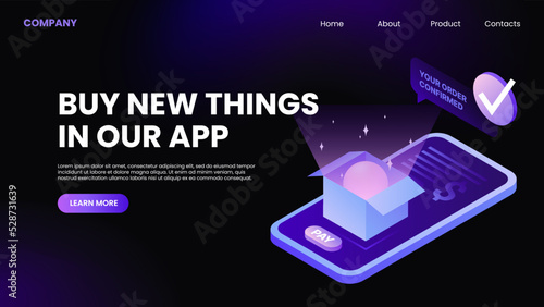Buy Things in the App. Online Shopping Website Landing Page. Vector illustration