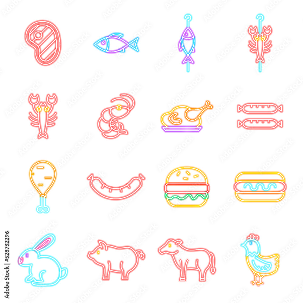 Barbecue Neon Icons Isolated. Vector Illustration of Glowing Bright Led Lamp over White Symbols. Barbecue Neon Icons Isolated. Vector Illustration of Glowing Bright Led Lamp over White Symbols.