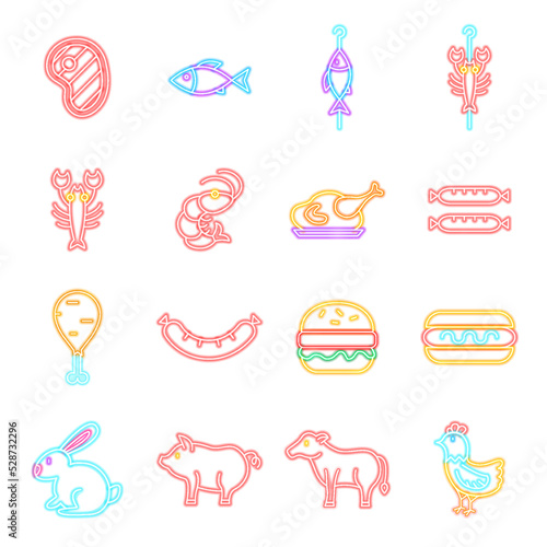 Barbecue Neon Icons Isolated. Vector Illustration of Glowing Bright Led Lamp over White Symbols.