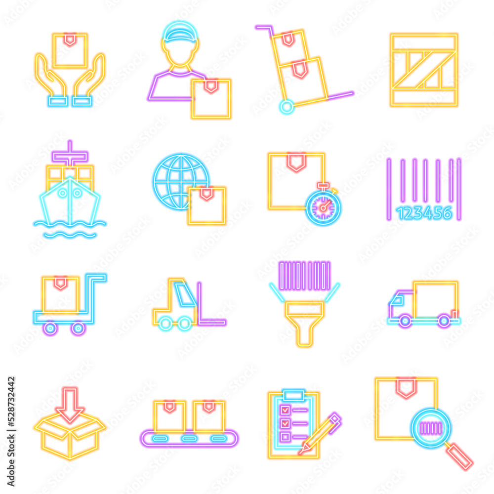 Cargo Logistics Neon Icons Isolated. Vector Illustration of Glowing Bright Led Lamp over White Symbols. Cargo Logistics Neon Icons Isolated. Vector Illustration of Glowing Bright Led Lamp over White Symbols.