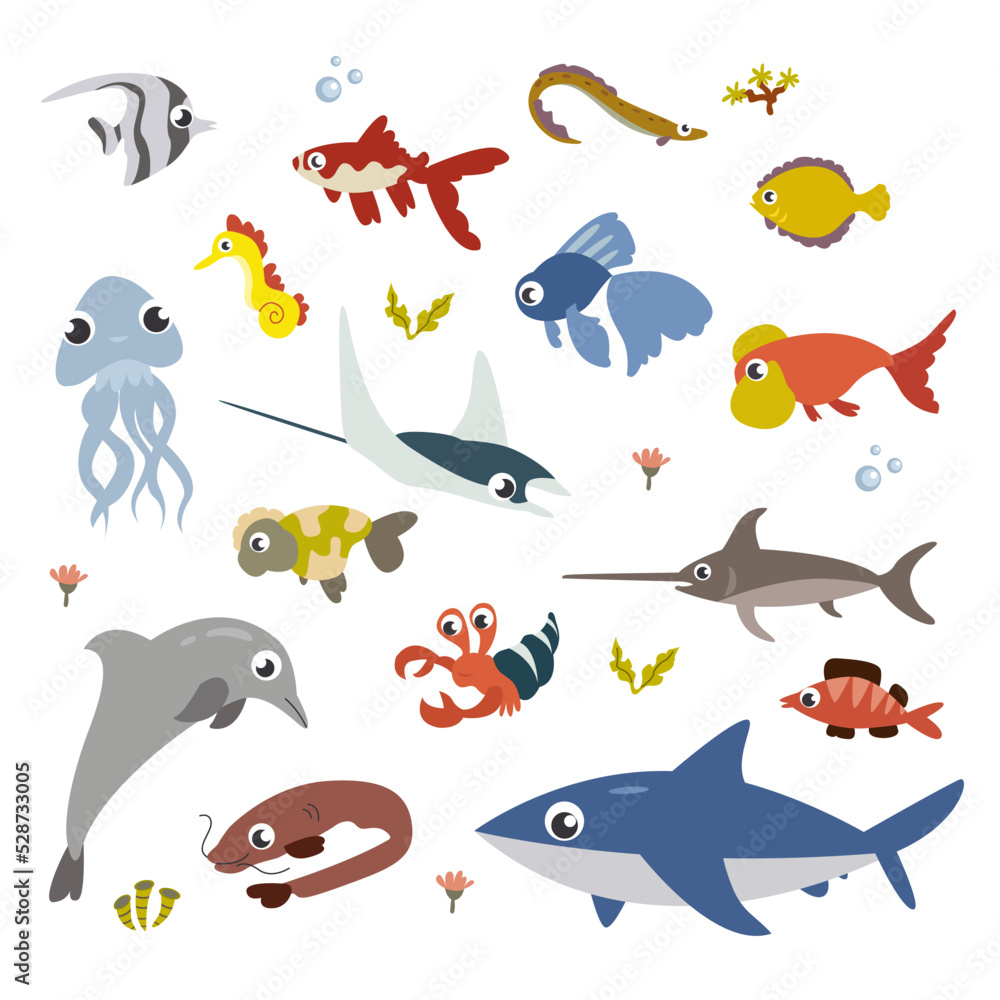 Vector cartoon animals set. Funny vector sealife animal and fish illustration. Cute isolated vector jellyfish, dolphin, eel, octopus, whale, perch, crab