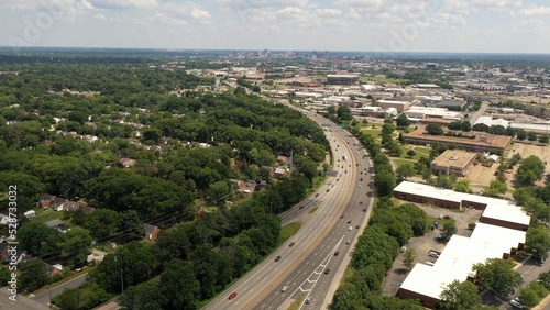 City skyline of Richmond  Virginia with office buildings  roads  urban neighborhoods
