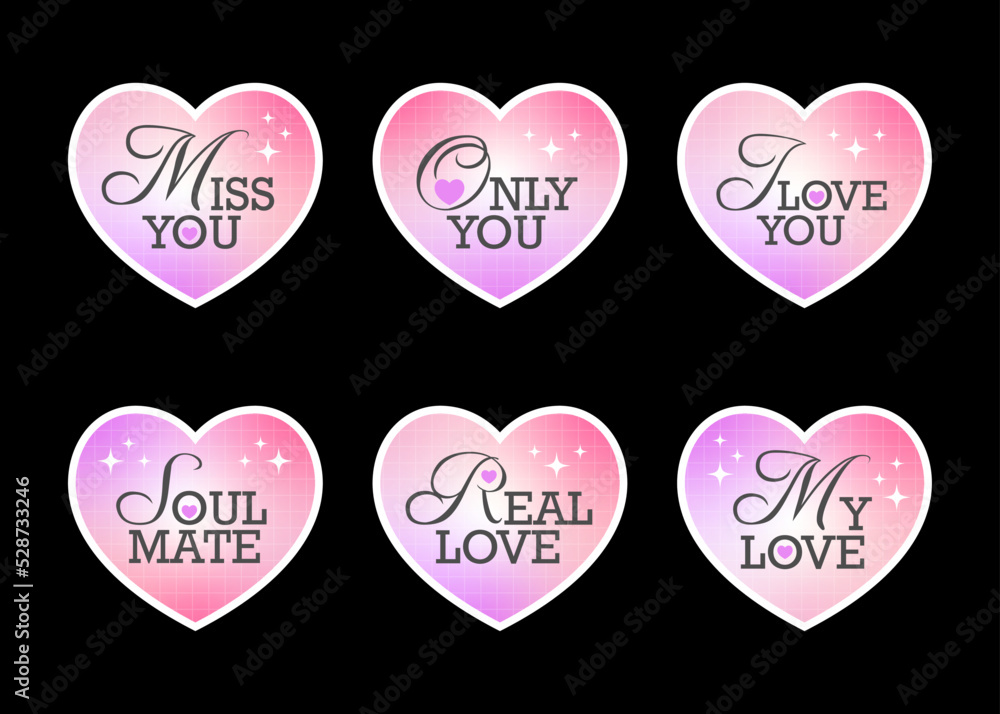 Trendy y2k love stickers pack. Cool girly patches collection. inspirational groovy love slogans for graphic tee Trendy y2k love stickers pack. Cool girly patches collection. inspirational groovy love slogans for graphic tee