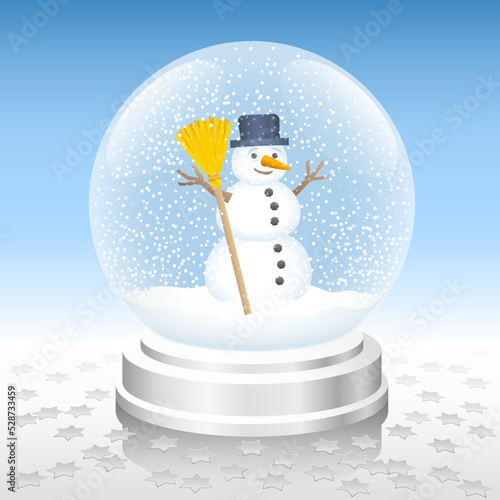 Snow globe with snowman enjoying the snowstorm. Silver base, silver stars deco. Vector illustration.
