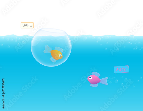 Single fish in a goldfish bowl, safe and secure, looking at a free fish enjoying the reedom in the wide big blue ocean. Vector comic illustration.
