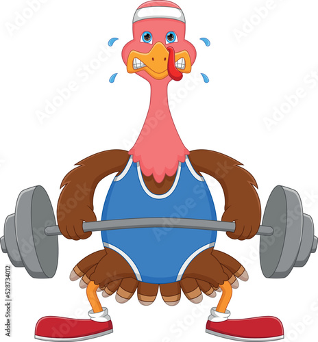 cartoon cute turkey bird exercising with lifting weights