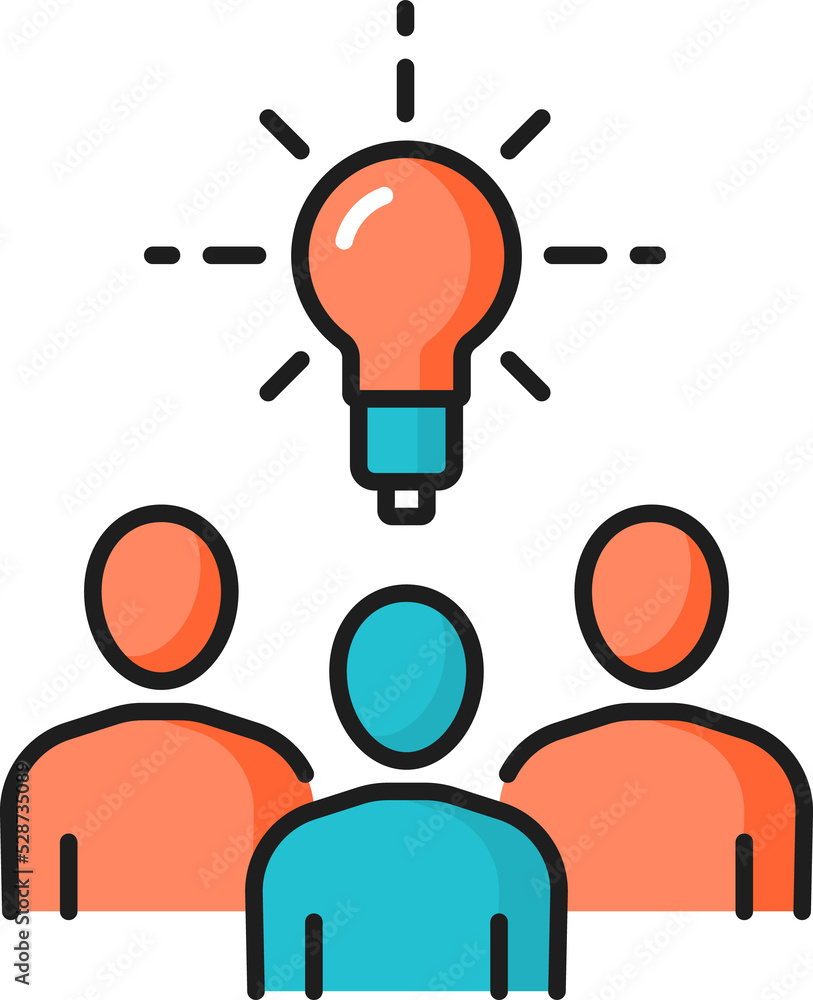 Team brainstorming people and light bulb line icon Team brainstorming people and light bulb line icon