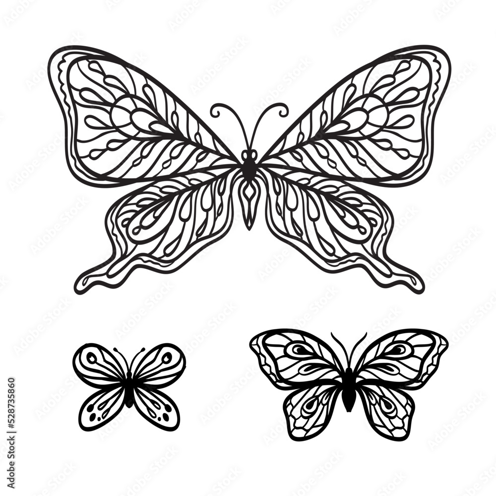Set of contour patterned butterflies on a white background, vector monochrome clipart. Set of contour patterned butterflies on a white background, vector monochrome clipart.
