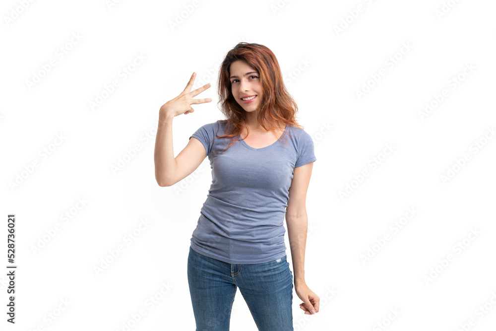 Woman on white background three fingers raised Woman on white background three fingers raised