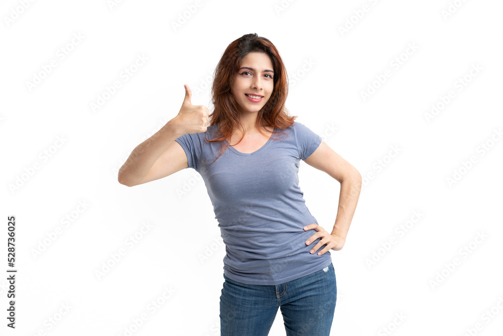 Woman on white background with finger up Woman on white background with finger up