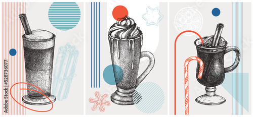 Collage style hot drinks illustration. Cappuccino, pumpkin latte and mulled wine sketches. Trendy winter design with hot drinks geometric shapes for modern print, posters, cards, menu