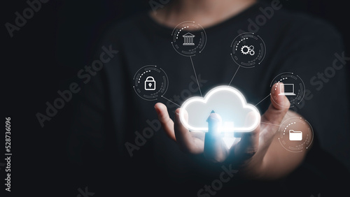 Hand holding virtual cloud computing technology. Data storage security access server online in Networking and internet service concept.