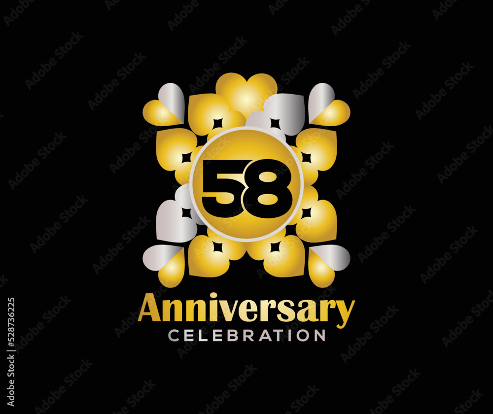 58 Years Anniversary Day. Company Or Wedding Used Card Or Banner Logo. Gold Or Silver Color Mixed Design 58 Years Anniversary Day. Company Or Wedding Used Card Or Banner Logo. Gold Or Silver Color Mixed Design