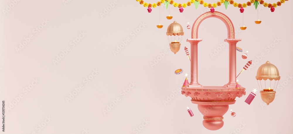 Obraz premium minimal scene, design for Diwali festival product display podium, 3d render with fireworks