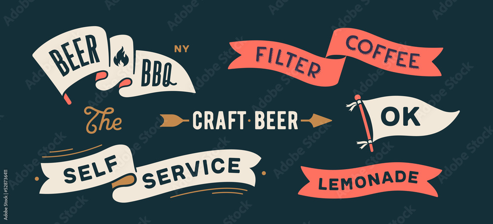 Vintage graphic set. Ribbon, flag, arrow, board with text Beer, BBQ, Filter Coffee, OK, Craft Beer. Set of ribbon banner and retro graphic. Isolated vintage old school set shapes. Vector Illustration - obrazy, fototapety, plakaty 