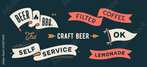 Vintage graphic set. Ribbon, flag, arrow, board with text Beer, BBQ, Filter Coffee, OK, Craft Beer. Set of ribbon banner and retro graphic. Isolated vintage old school set shapes. Vector Illustration