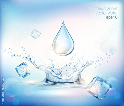 Transparent realistic vector mineral  water splash, drops and ice cubes on blue background 