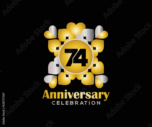 74 Years Anniversary Day. Company Or Wedding Used Card Or Banner Logo. Gold Or Silver Color Mixed Design
