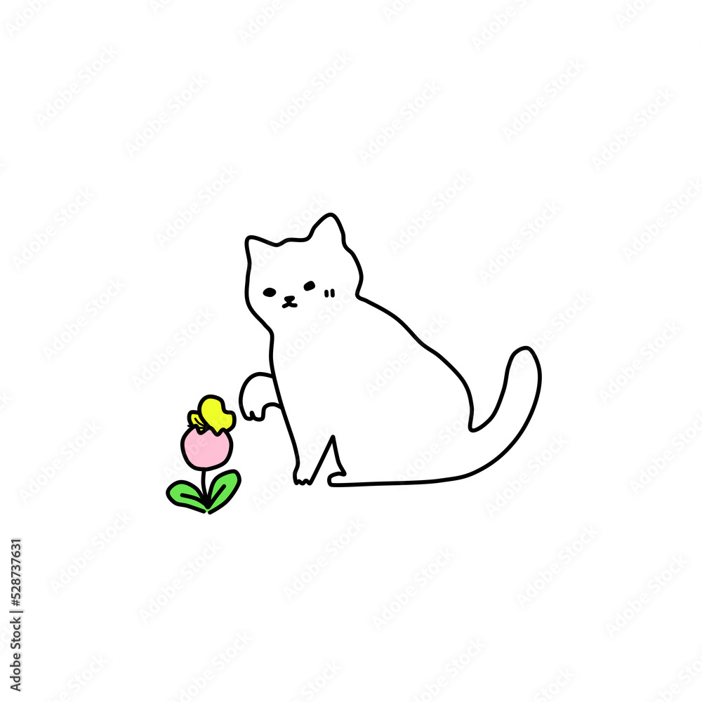Naklejka premium sketch of kitten with bouquet of flowers